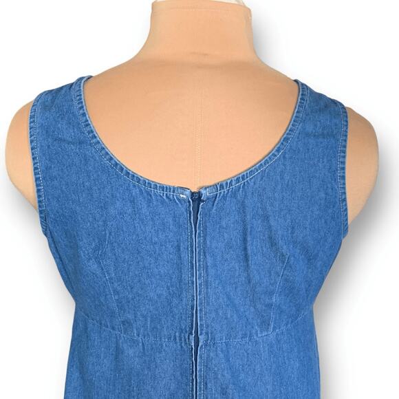 Vintage 90s Blue Denim Sleeveless Midi Dress Scoop Neck Back Zip Sundress Modest - Picture 5 of 10